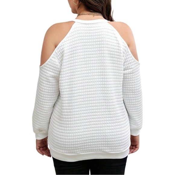 Plus Size Half Zip V-Neck White Cold Shoulder Waffle Knit Sweater Sweatshirt - Picture 3 of 11